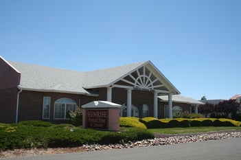 A view of the main entrance for Sunrise Funeral Home and Crematory in Prescott Valley, Arizona.